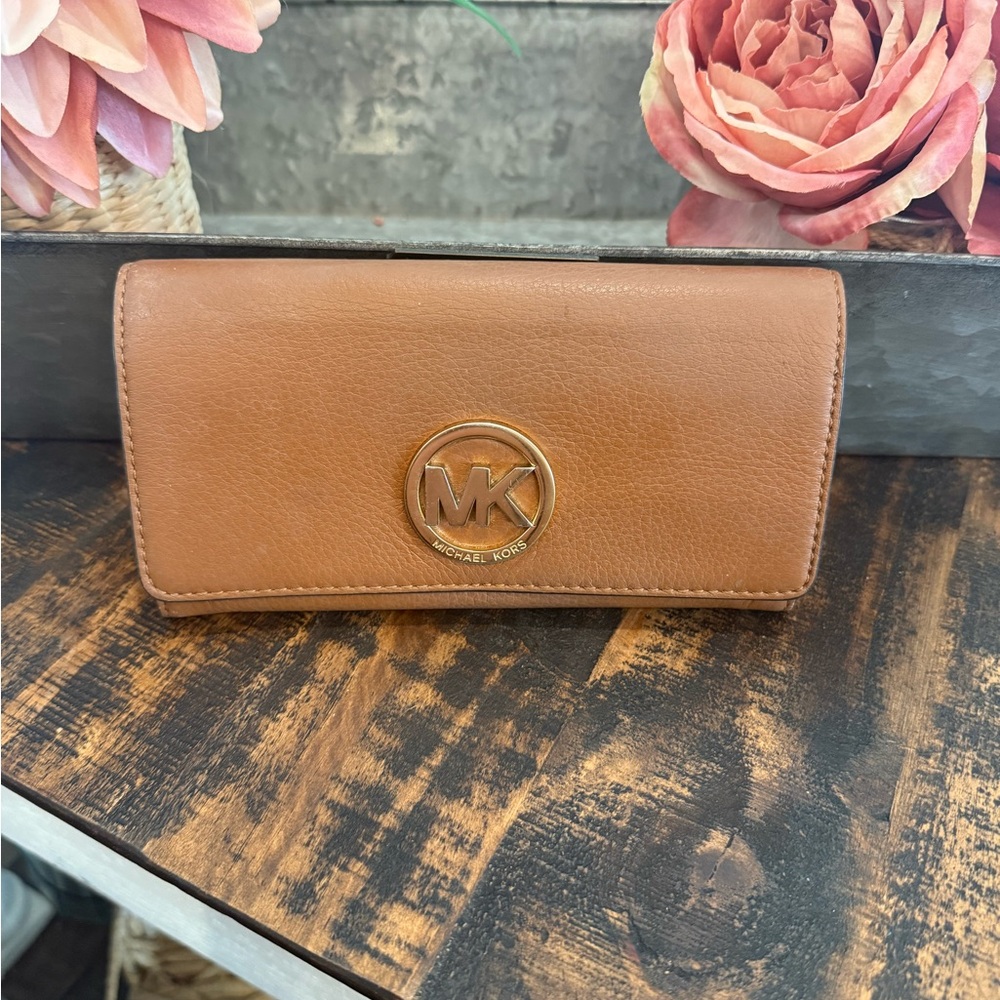Michael Kors Chestnut Leather Continental Wallet with Gold MK Emblem